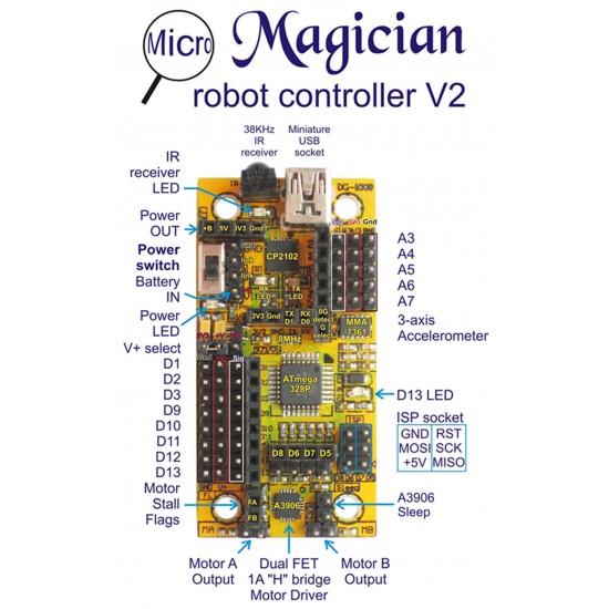 DAGU Micro Magician arduino robot controller 3.6V to 9V ATmega168/ATmega328 MCU 8MHz ROHS
